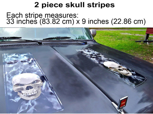  Hood Decals - Racing Stripes - double skulls in black fire with pinstripe 2 pc set 