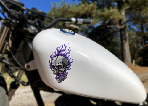 The large  3 3/4" x 6" decal shown
on a 3.3 gal sportster tank
(Color purple)