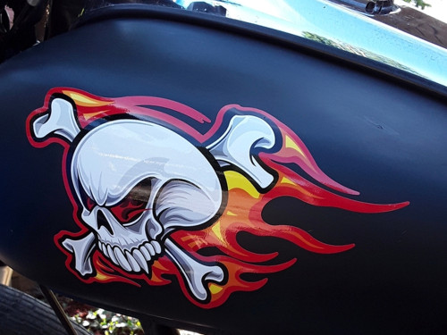 Skull Crossbones & Flames - Tank, fender & fork decals (6 piece MIRRORED set)  pick from 6 colors