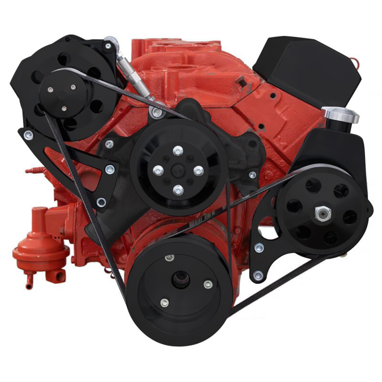 Black Chevy Small Block Serpentine Conversion Power Steering   Alternator, Long Water Pump High Mount CVF Racing