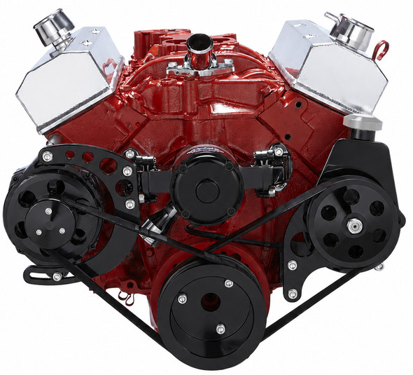 Black Chevy Small Block Serpentine Conversion - Power Steering with Electric Water Pump