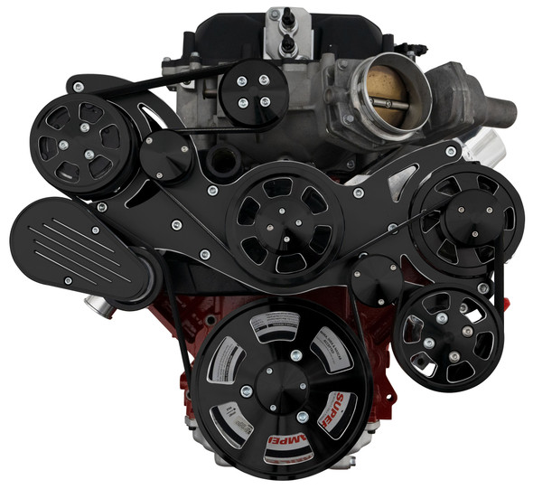 Stealth Black Chevy LSA Wraptor Serpentine System, Front, AC