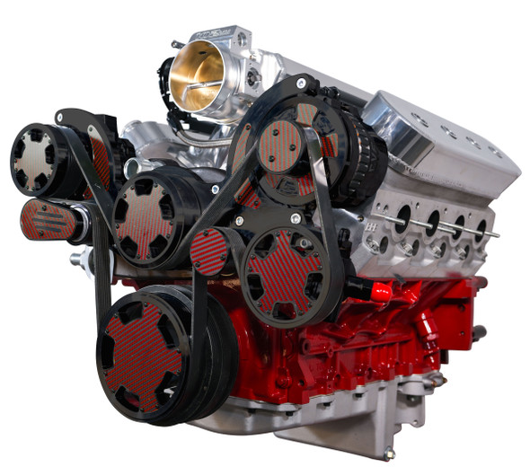 Black Chevy LS Mid-Mount Wraptor Serpentine System, Carbon Fiber, Red, Right, AC