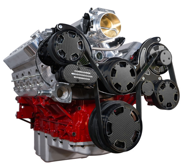 Chevy LS Mid-Mount Serpentine System, Black Diamond w/ Carbon Fiber, Black Fiber, Right, AC