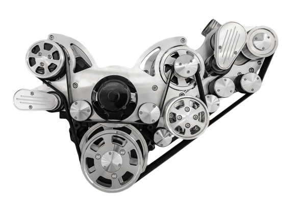 Big Block Chevy Wraptor Serpentine System, EWP, Procharger, Polished, Front, AC