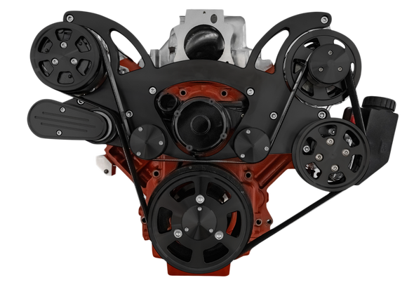 Stealth Black Chevy LS Engine Mid Mount Serpentine Kit for Electric Water Pump - AC, Alternator & Power Steering - Mid-Mount