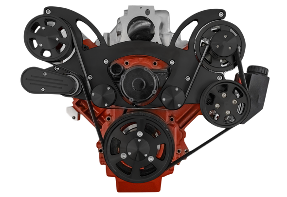 Stealth Black Chevy LS Engine Mid Mount Serpentine Kit for Electric Water Pump -  Alternator & Power Steering - Mid-Mount