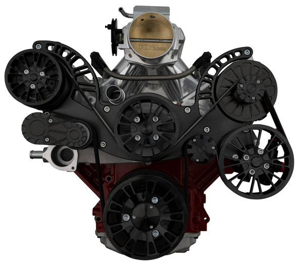 Stealth Black Chevy LS Mid-Mount Reaper Serpentine System, Front, AC