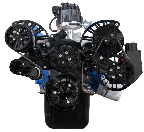 Stealth Black Small Block Ford Reaper Serpentine System, Front, AC