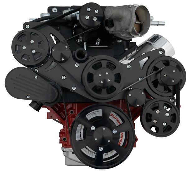 Stealth Black Chevy LS Edelbrock Supercharged Wraptor Serpentine System, Front, AC