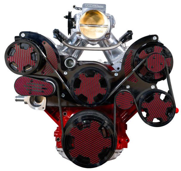 Black Chevy LS Mid-Mount Wraptor Serpentine System, Carbon Fiber, Red, Front, AC