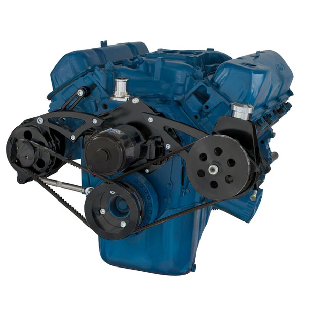 Stealth Black Ford 351C, 351M & 400 V-Belt System - Power Steering & Alternator with Electric Water Pump