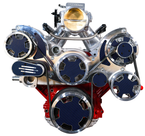 Chevy LS Mid-Mount Wraptor, Polished Finish, Blue Carbon, Front, AC