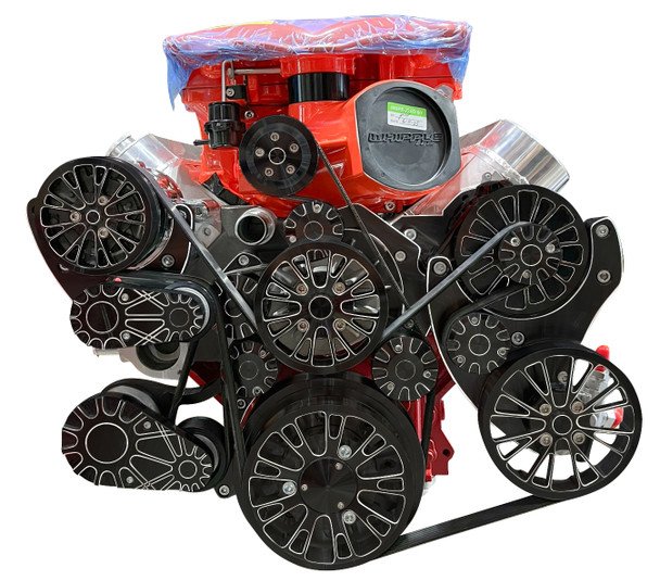 Chevy LS Whipple® 3.0L Inverted Supercharged Reaper Serpentine System, Black Diamond AC, PS, ALT