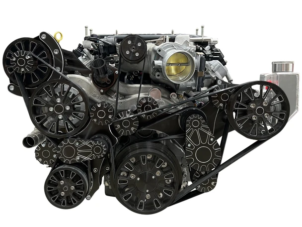 Stealth Black Chevy LT4 Reaper Serpentine System, Dual Belt, Left, AC, Fabricated Reservoir