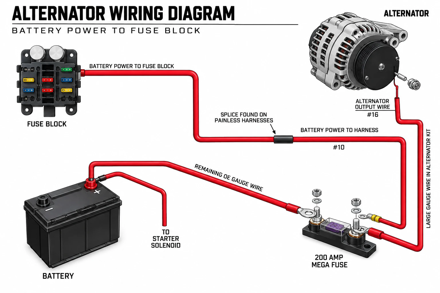 CVF alternator wiring diagram showing alternator output to a 200 amp mega fuse, battery and fuse block