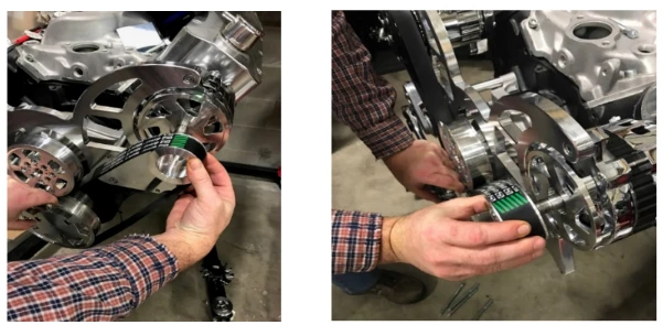 Belt placed around the alternator pulley off the alternator, then the pulley slid onto the shaft