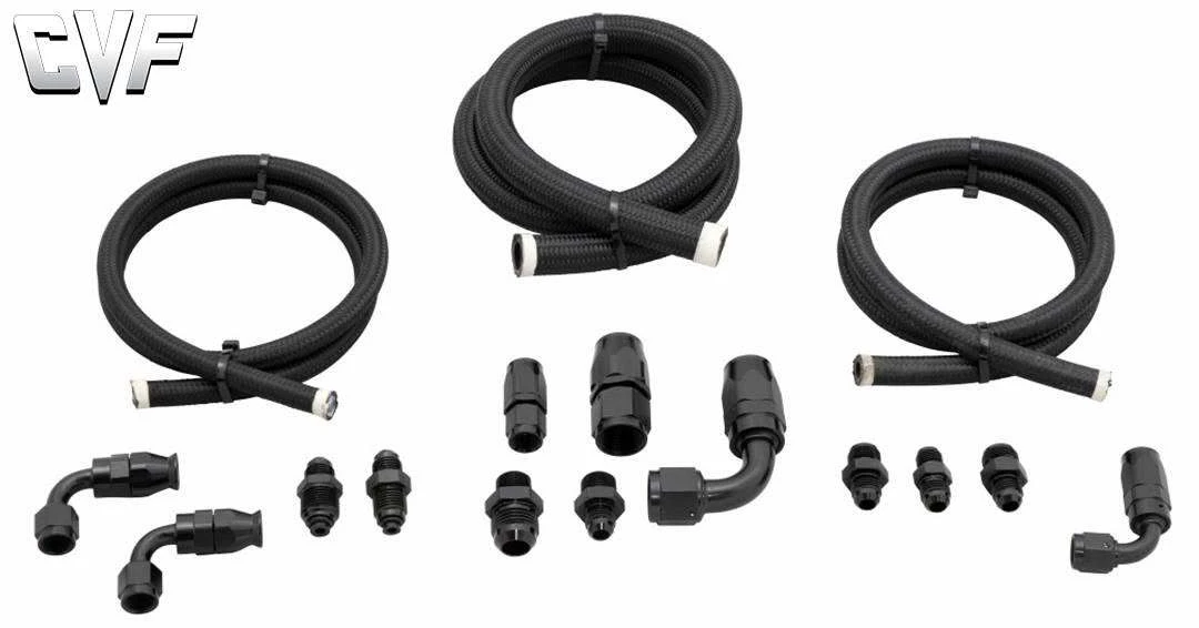 A CVF power steering line kit showing three hoses with their hose ends and adapters