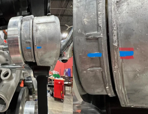 Correct CVF tensioner position with the two position lines aligned, and an acceptable slightly off centre position