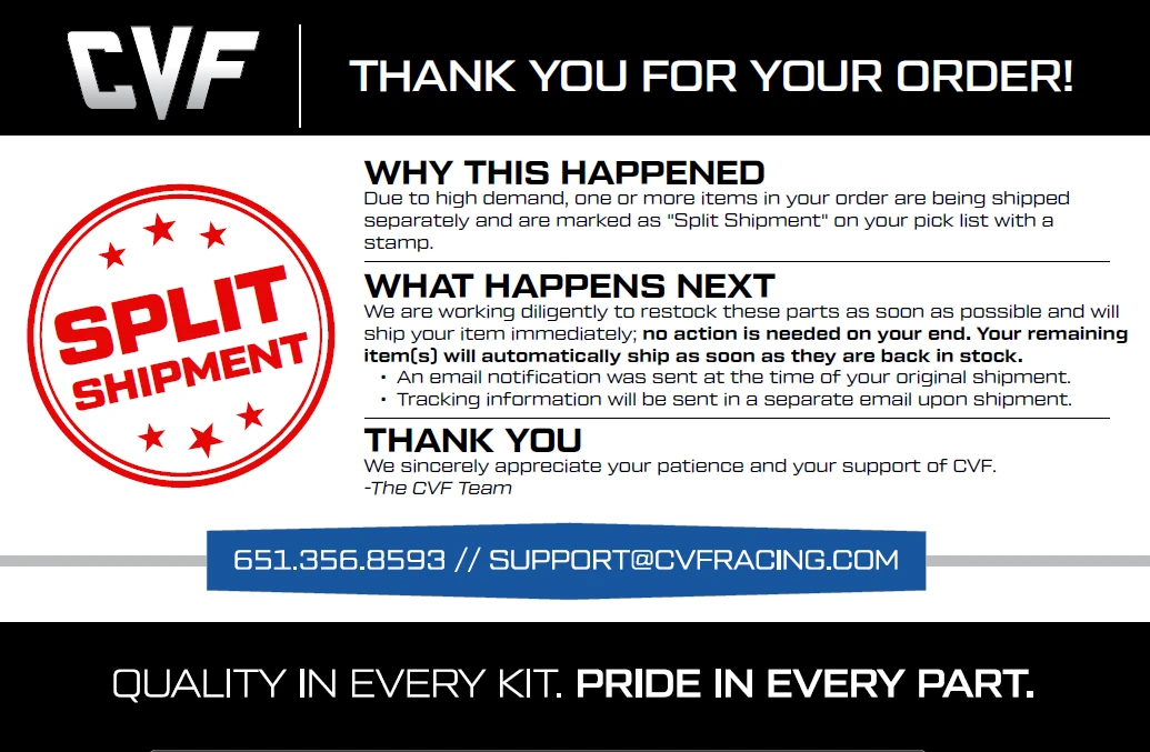 The CVF split shipment notice slip included in the box