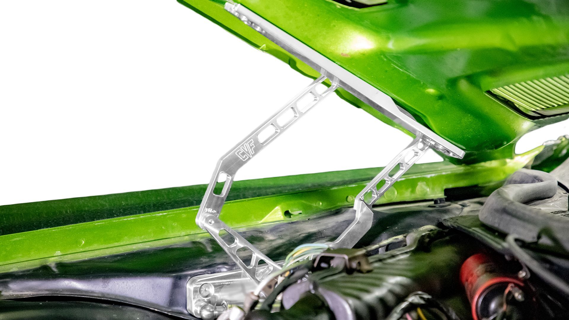 A CVF billet hood hinge installed with the hood open