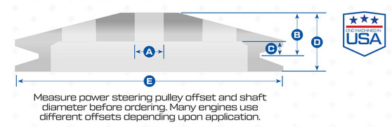 Measure power steering pulley offset and shaft diameter before ordering. Many engines use different offsets depending upon application.