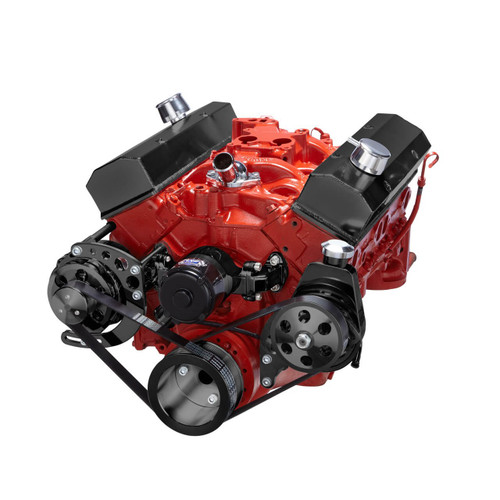 Black Chevy SBC Serpentine Conversion Kit Pulleys, Brackets & Fan