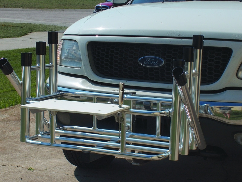 angler's fish-n-mate fold-down bumper mount rod holder This bumper mount can hold 10 rod and reels and has a bright anodized finish Anglers Aluminum Rod Rack w/Fold