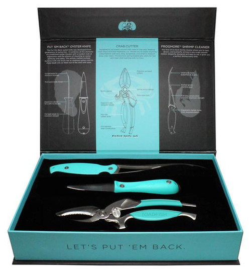 TOADFISH Toadfish Coastal Kitchen Collection, set of marine-themed stainless steel kitchen tools with aqua-colored handles in a stylish box.
