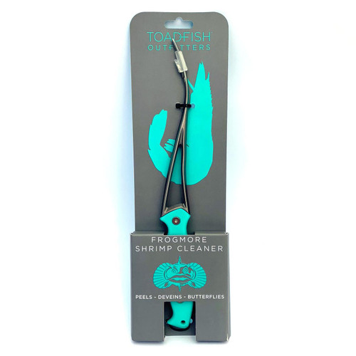 Toadfish TFFSHRIMPTOOL, shrimp cleaner tool with stainless steel design and teal handle.