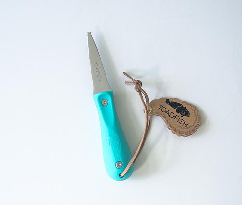 TOADFISH Toadfish Teal Oyster Knife, a stainless steel oyster shucking knife with a curved blade and a teal silicone handle for oyster opening.