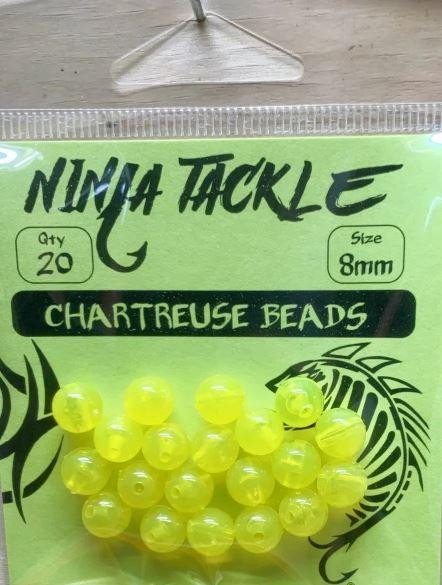 NINJA TACKLE Ninja Tackle 8MM Beads, close-up of bright yellow beads in packaging with product information