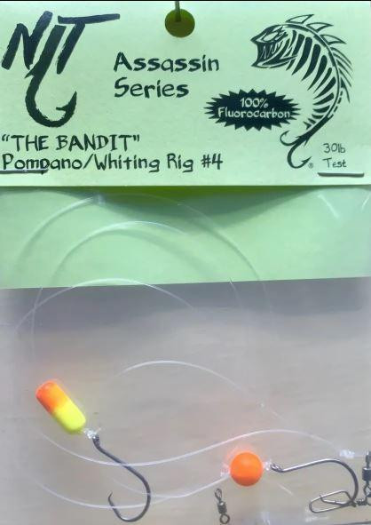 NINJA TACKLE Ninja Tackle Bandit Rig, close-up of the fishing rig with a yellow and orange float and hooks on transparent lines.