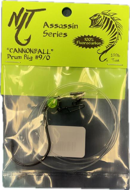 NINJA TACKLE Ninja Tackle Cannon Ball Drum Rig, packaging of fishing tackle with a circular drum rig and hooks inside a clear plastic bag, green and black branding.