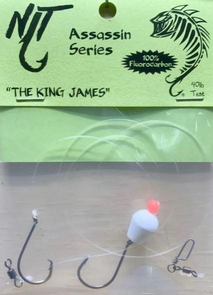 NINJA TACKLE Ninja Tackle King James Rig product, showing a fishing rig with hooks, a float, and the packaging with branding and specifications.
