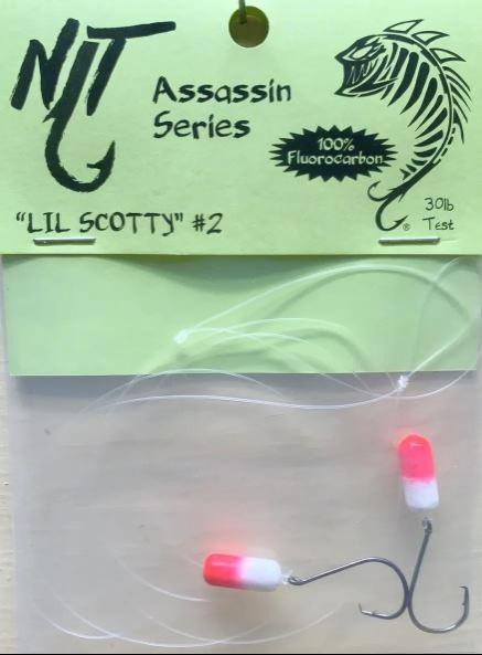 NINJA TACKLE Ninja Tackle LIL SCOTTY #2, fishing hook with pink and white bobber attached, packaged in a transparent plastic bag with green background label.