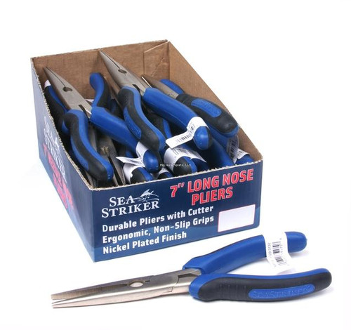 SEA STRIKER Sea Striker NP7-18 7" Needlenose Pliers, blue and black ergonomic non-slip grip with nickel plated finish, displayed in a cardboard box.