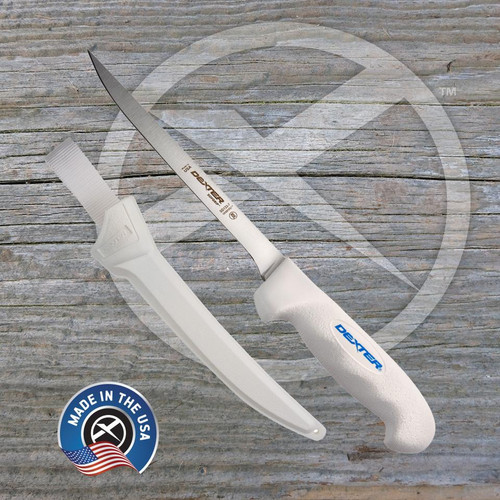 DEXTER RUSSELL Dexter SG133-7-WS SofGrip 7 inch Narrow Fillet Knife with Sheath, stainless steel fillet knife with white handle and sheath, designed for fish filleting, made in the USA.