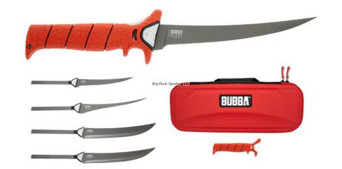 BUBBA BLADE Bubba Blade 1991724 Fillet Knife, image of a stainless steel fillet knife with an orange textured grip handle, along with four additional replacement blades, a red carrying case, and a small orange fish-shaped tool.