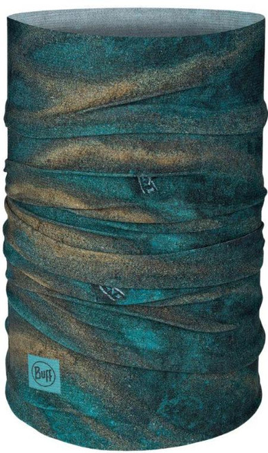 BUFF CoolNet UV+, a multifunctional neck gaiter with a vibrant abstract pattern in shades of blue and green, featuring the BUFF logo at the bottom.