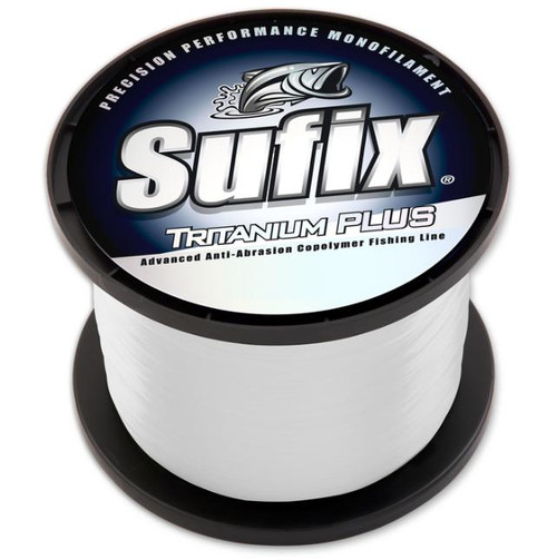 SUFIX Tritanium Monofilament 1 lb Spool Clear, fishing line spool with black top and white monofilament fishing line, suitable for fishing and professional anglers.
