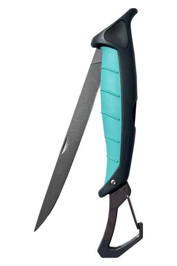 TOADFISH Toadfish Folding Filet Knife with Carabiner, compact fishing knife with ergonomic handle and foldable design.