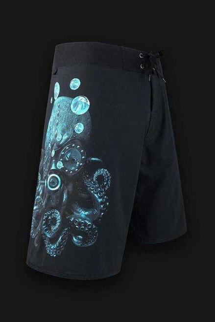 TORMENTER Tormenter Board Shorts Sportsman Kraken, black swim shorts with a blue octopus and bubbles design.