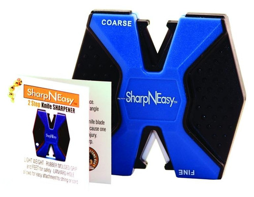 ACCUSHARP AccuSharp 334C SharpNEasy 2-Step Ceramic Knife Sharpener, blue and black handheld sharpening device with dual slots for coarse and fine sharpening.