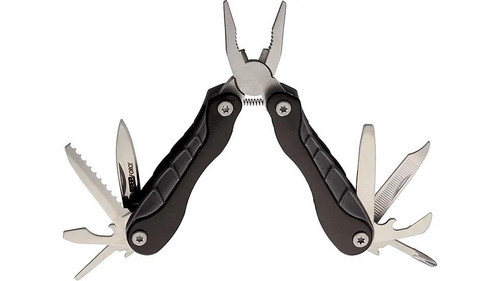 Accusharp Paraforce 15 Function Multi-Tool, multi-tool with various stainless steel functions including knives, screwdrivers, and pliers, black handle with ergonomic grips.