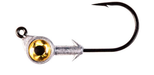 Z-MAN FISHING PRODUCTS INC. Z-Man Swimbait Eye Jigheads, close-up of a fishing jighead with a golden eye and a sharp hook.