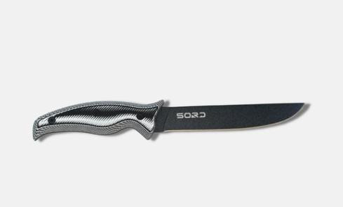 SORD Fishing Products Knives, black fishing knife with a textured ergonomic handle and straight blade displayed on a light background