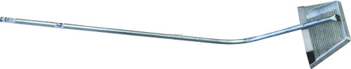JOY FISH SandRake01, a long-handled metal sand rake with a broad, flat, mesh head for sand or gravel raking.