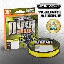 SPIDERWIRE Spiderwire DuraBraid braided fishing line, product packaging and spool with yellow and black design.