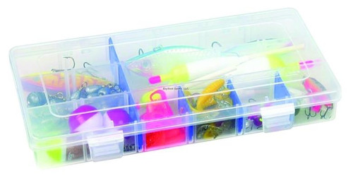 FLAMBEAU Flambeau 3003 Tuff-Tainer 3-Fixed, clear plastic tackle storage box with multiple compartments filled with fishing lures and accessories.